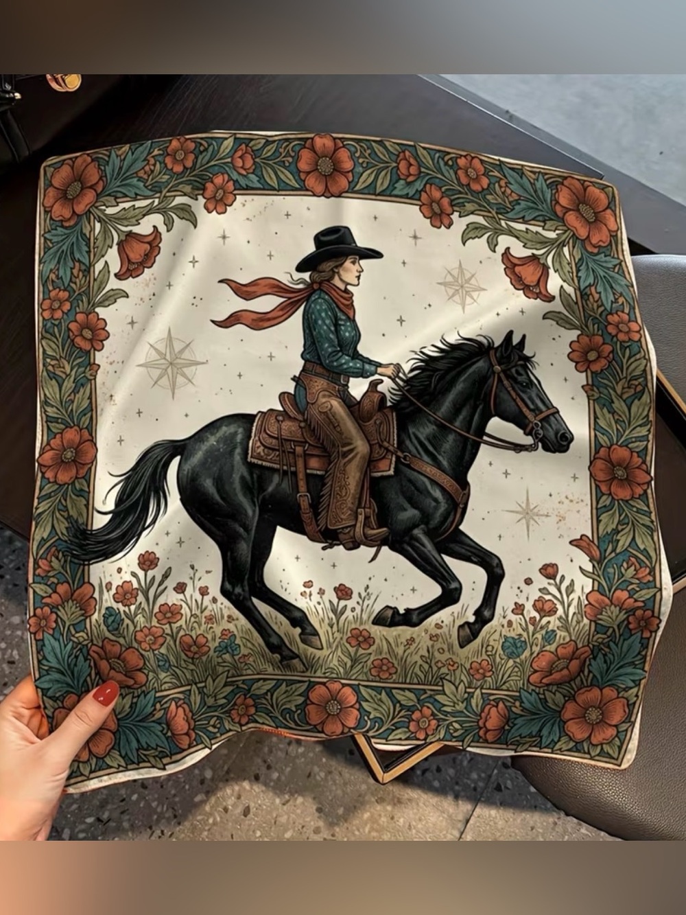 NWT Western Cowgirl Wild Rag Scarf Black Horse Floral Satin Large Square - Picture 4 of 5